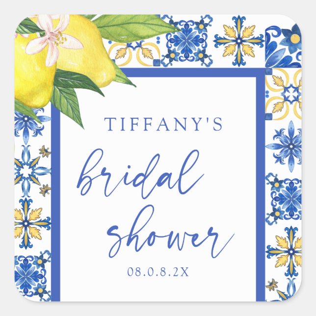 Pegatina Cuadrada Blue Lemons Mediterráneo Bridal Shower (Anverso)