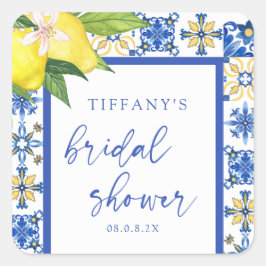 Pegatina Cuadrada Blue Lemons Mediterráneo Bridal Shower