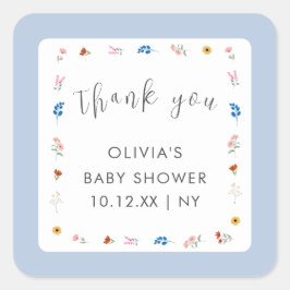Pegatina Cuadrada Blue Little Wildflower Baby Shower Gracias