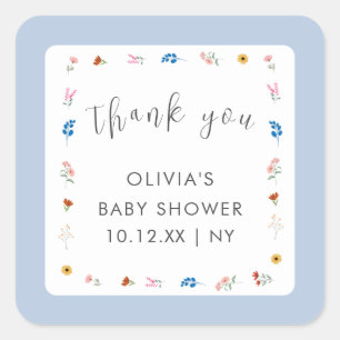 Pegatina Cuadrada Blue Little Wildflower Baby Shower Gracias