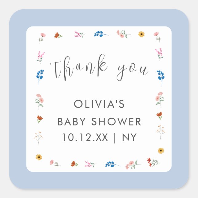 Pegatina Cuadrada Blue Little Wildflower Baby Shower Gracias (Anverso)