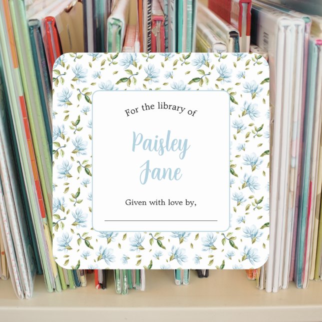 Pegatina Cuadrada Blue Magnolias baby shower bookplate sticker (Subido por el creador)