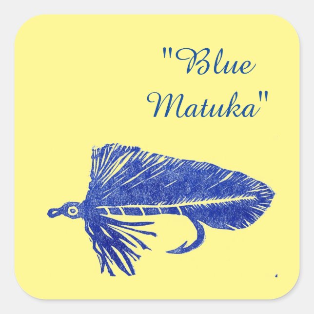 Pegatina Cuadrada Blue Matuka streamer, fly fish, fly tying art (Anverso)