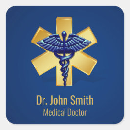 Pegatina Cuadrada Blue Medical 3D Caduceus Gold Cross