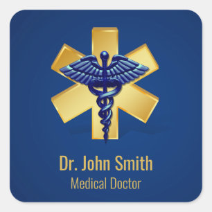 Pegatina Cuadrada Blue Medical 3D Caduceus Gold Cross