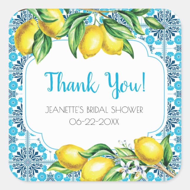 Pegatina Cuadrada Blue Mediterranean Tile Lemon Bridal Thank You (Anverso)