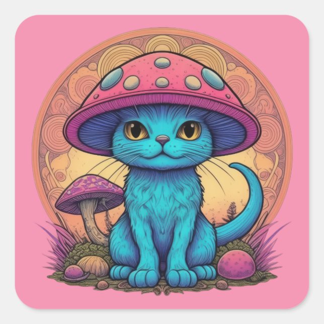 Pegatina Cuadrada Blue Meow Mushroom (Anverso)