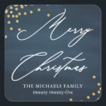 Pegatina Cuadrada Blue Merry Christmas Elegant Script con Faux Gold<br><div class="desc">Hermoso y festivo color de agua azul Feliz pegatina navideño con elegante caligrafía escritura blanca y confetti de oro falso.</div>
