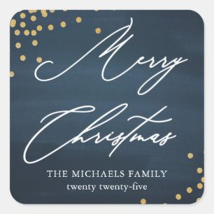 Pegatina Cuadrada Blue Merry Christmas Elegant Script con Faux Gold