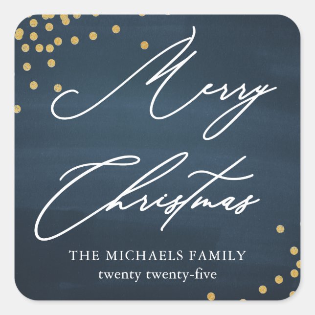 Pegatina Cuadrada Blue Merry Christmas Elegant Script con Faux Gold (Anverso)