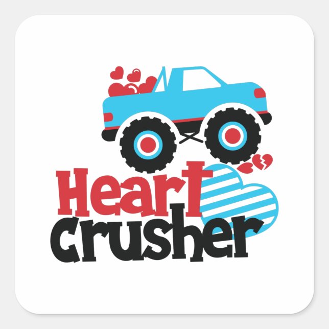 Pegatina Cuadrada Blue Monster Truck Heart Crusher Valentine (Anverso)