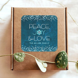 Pegatina Cuadrada Blue Peace Joy Love Snowflake Typography Holiday