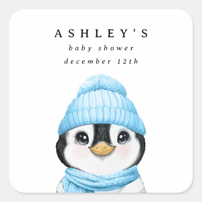 Pegatina Cuadrada Blue Penguin Winter Baby Shower (Anverso)