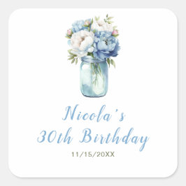 Pegatina Cuadrada Blue Peonies Mason Jar Birthday