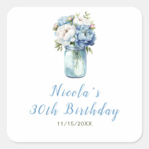 Pegatina Cuadrada Blue Peonies Mason Jar Birthday