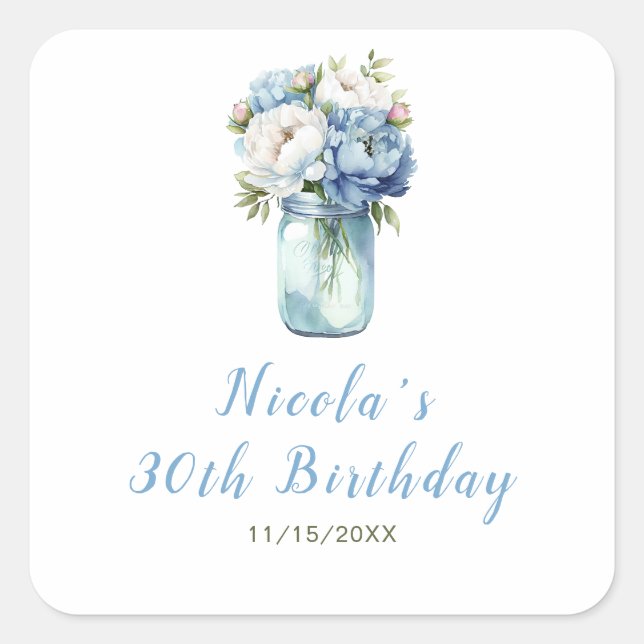 Pegatina Cuadrada Blue Peonies Mason Jar Birthday (Anverso)