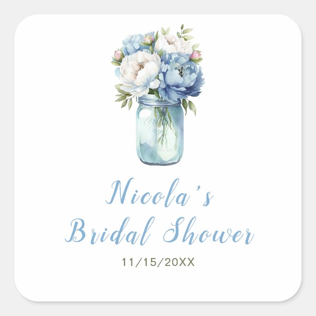 Pegatina Cuadrada Blue Peonies Mason Jar Bridal Shower (Anverso)