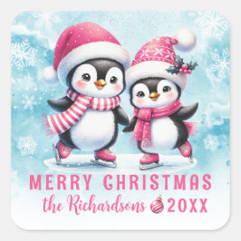 Pegatina Cuadrada Blue Pink Cute Penguins Personalizado Feliz Navida