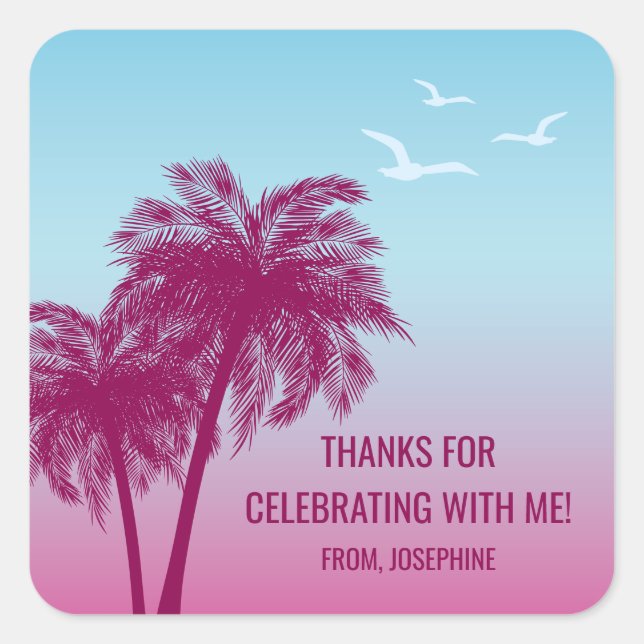 Pegatina Cuadrada Blue Pink Tropical Palm Trees Birthday Thank You (Anverso)