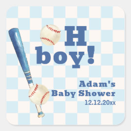 Pegatina Cuadrada Blue Plaid Little Slugger Baseball Baby Shower 