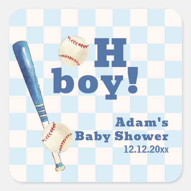 Pegatina Cuadrada Blue Plaid Little Slugger Baseball Baby Shower  (Anverso)