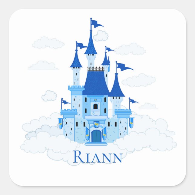 Pegatina Cuadrada Blue Princess Castle Personalized Girly (Anverso)