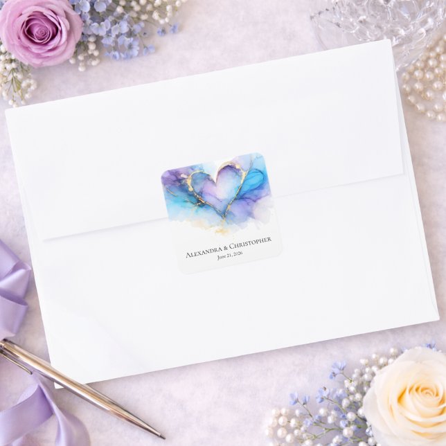 Pegatina Cuadrada Blue Purple Gold Abstract Heart Wedding Sticker (Subido por el creador)