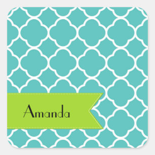 Pegatina Cuadrada Blue Quatrefoil, Moroccan Trellis, tu nombre