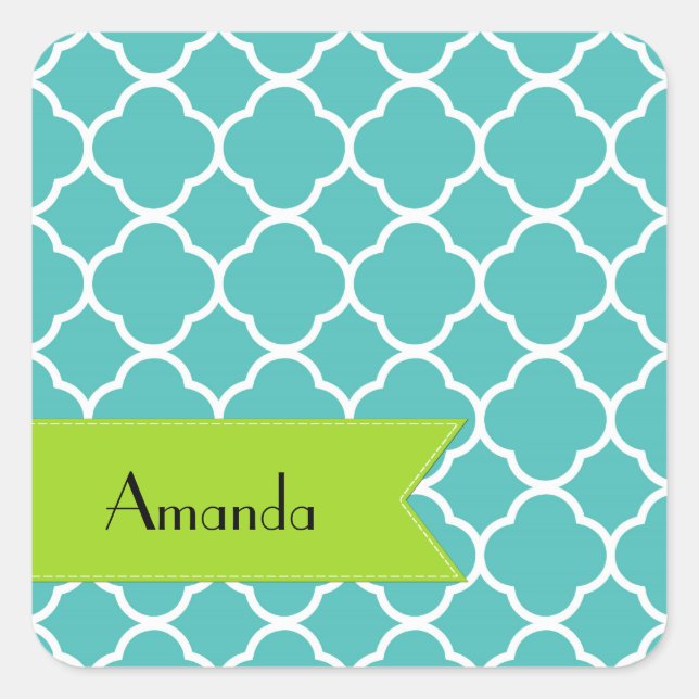 Pegatina Cuadrada Blue Quatrefoil, Moroccan Trellis, tu nombre (Anverso)