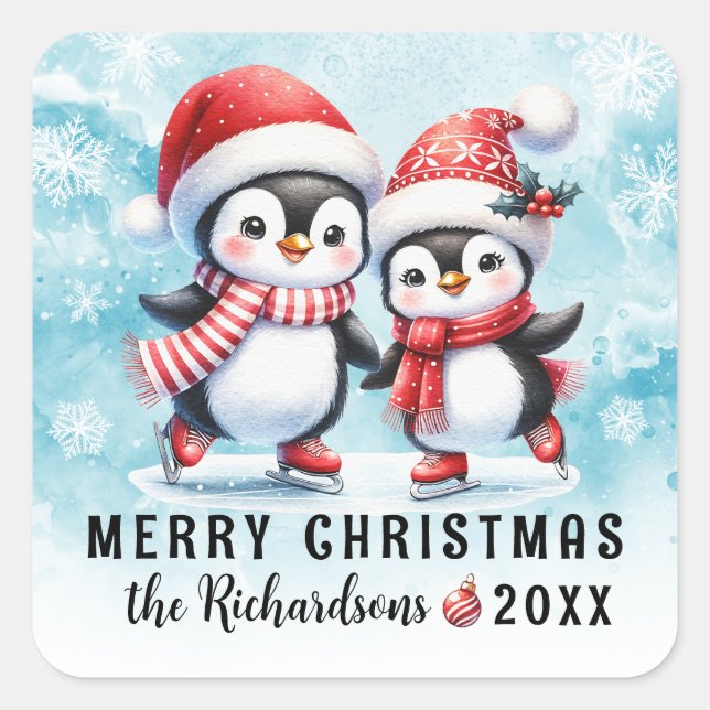 Pegatina Cuadrada Blue Red Cute Penguins Personalizado Feliz Navidad (Anverso)