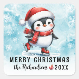 Pegatina Cuadrada Blue Red Fun Pingüino Skater Feliz Navidad
