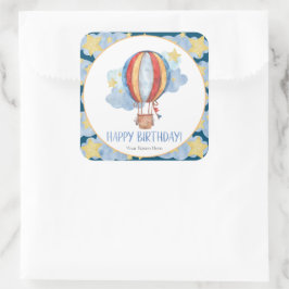 Pegatina Cuadrada Blue Red Hot Air Balloon Stars Niños Happy Birday