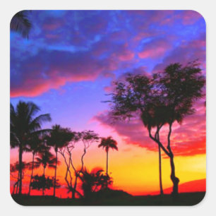 Pegatina Cuadrada Blue Red Sunset Exotic Hawaiian Beach Palm Trees