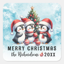 Pegatina Cuadrada Blue Red Tres Pingüinos divertidos Feliz Navidad