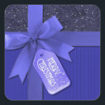 Pegatina Cuadrada Blue Ribbon Merry Christmas Gift<br><div class="desc">*Personalizar agregando texto.</div>