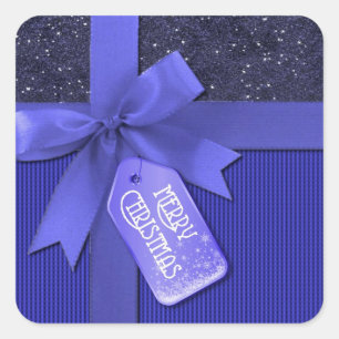 Pegatina Cuadrada Blue Ribbon Merry Christmas Gift