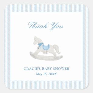 Pegatina Cuadrada Blue Rocking Horse Boy Baby Shower Gracias Por Fav