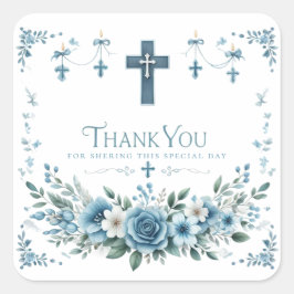 Pegatina Cuadrada Blue Rose & Floral Cross Baptism Thank You Sticker