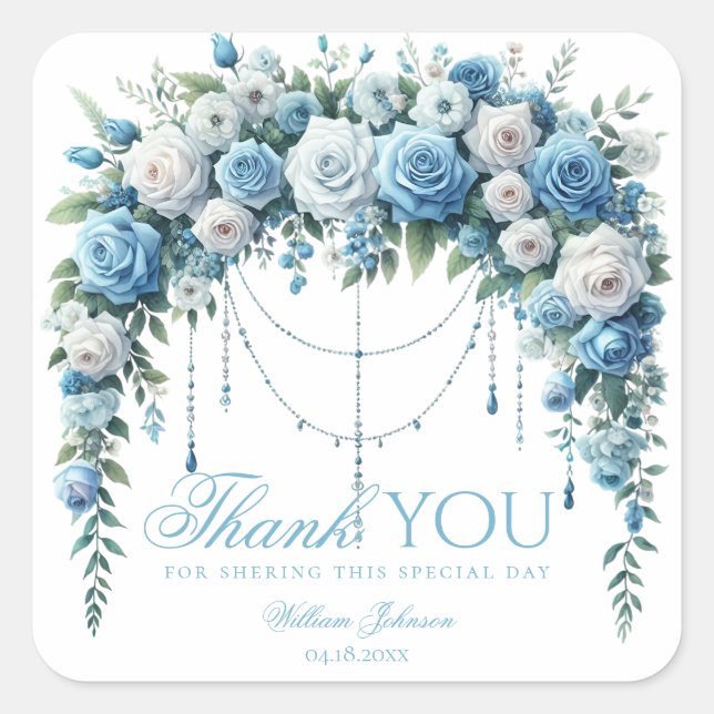Pegatina Cuadrada Blue Rose & Silver Cross Baptism Thank You Sticker (Anverso)