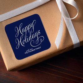 Pegatina Cuadrada Blue Script Happy Holidays