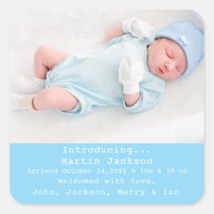 Pegatina Cuadrada Blue Script Sweet Modern Boy Nacimiento Foto