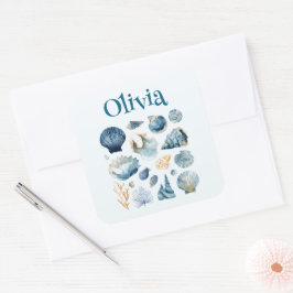 Pegatina Cuadrada Blue Seashell Sticker | Custom Name