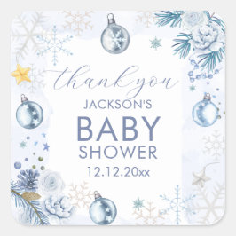Pegatina Cuadrada Blue Snowflake Flower Winter Baby Shower