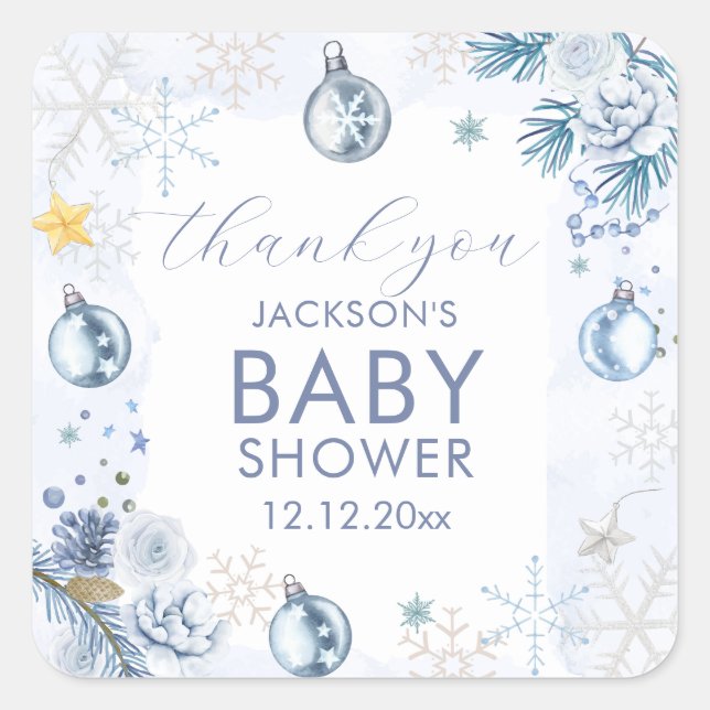 Pegatina Cuadrada Blue Snowflake Flower Winter Baby Shower  (Anverso)