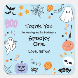 Pegatina Cuadrada Blue Spooky One Cute Ghost Halloween 1er cumpleaño