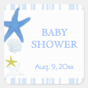 Pegatina Cuadrada Blue Starfish + Stripes Beach Baby Shower