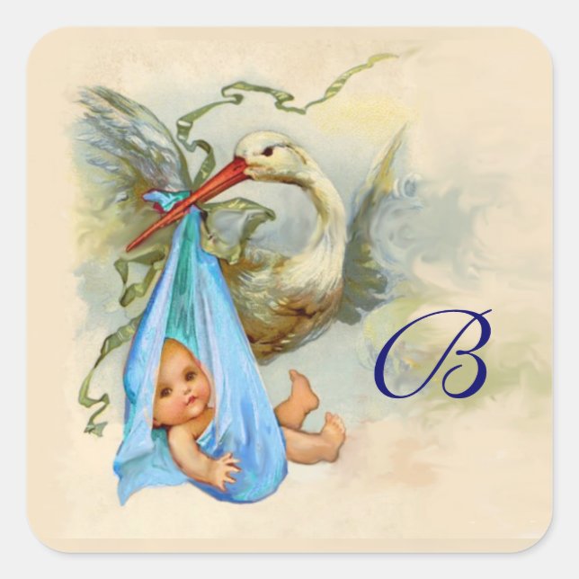 PEGATINA CUADRADA BLUE STORK BABY SHOWER MONOGRAM (Anverso)