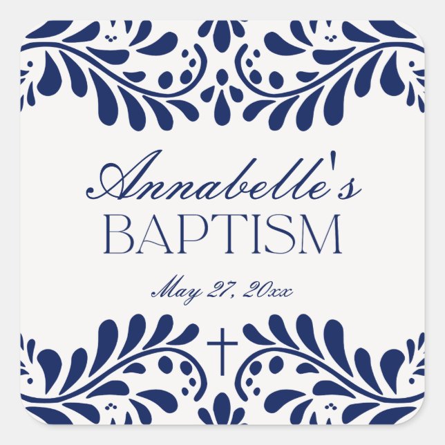 Pegatina Cuadrada Blue Talavera Tile Español Fiesta Baptism Favor (Anverso)