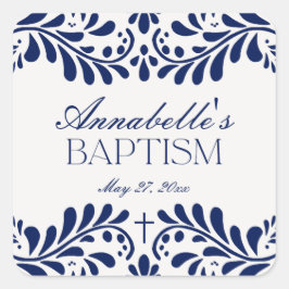 Pegatina Cuadrada Blue Talavera Tile Español Fiesta Baptism Favor