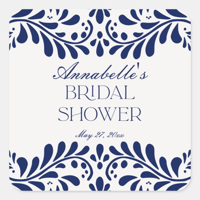 Pegatina Cuadrada Blue Talavera Tile Español Fiesta Bridal Ducha (Anverso)